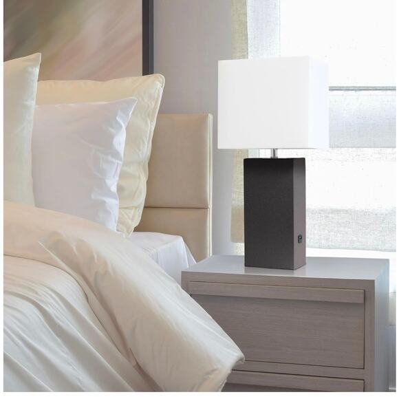 New Elegant Designs Leather Table Lamp With White Fabric Shade, Espresso Brown - Picture 1 of 5